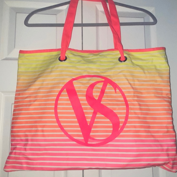 Victoria's Secret Handbags - Victoria’s Secret Neon Pink & Yellow Stripe Tote Beach Bag